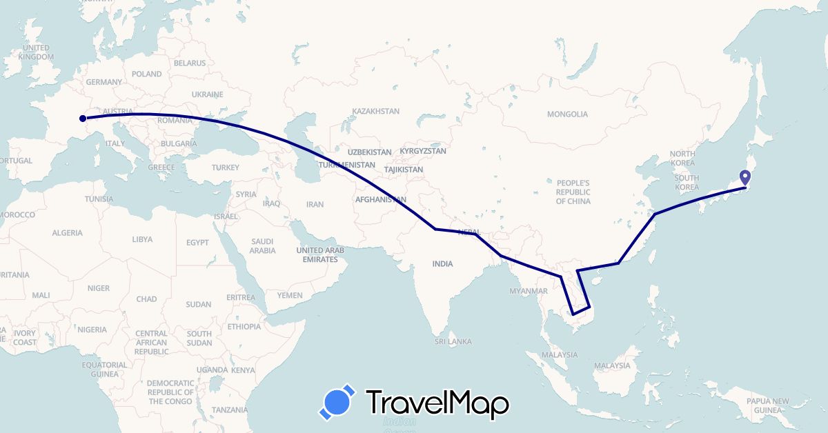 TravelMap itinerary: driving in Bangladesh, Switzerland, China, Hong Kong, India, Japan, Cambodia, Laos, Myanmar (Burma), Nepal, Vietnam (Asia, Europe)